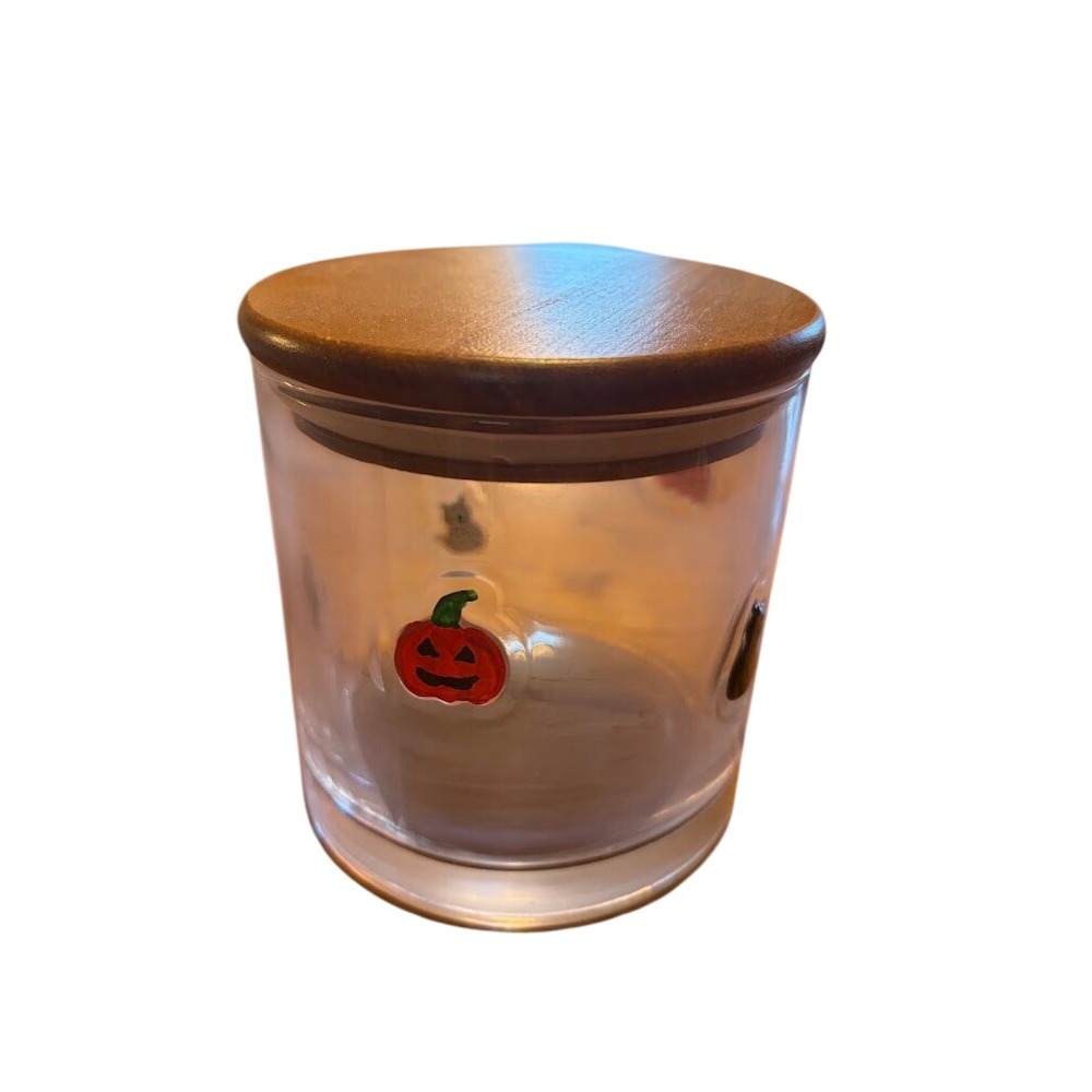 Halloween Pumpkin Glass Storage Jar Wood Lid Jack-O-Lantern Black Cat Canister